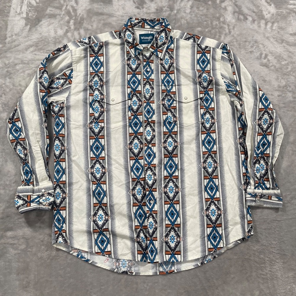 Wrangler Shirt Mens XL White Aztec Southwestern Checotah Pearl Snap Cowboy Rodeo